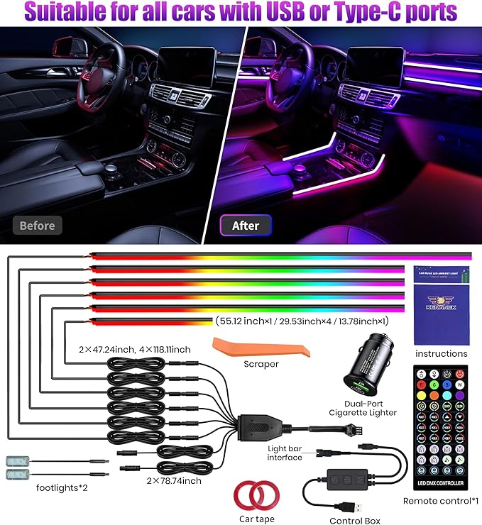 KENANEK 55.12inch Acrylic LED Lights for Car–6 Dreamcolor Interior Car LED Strip Light+2 footwell Lights, 3 Control Methods, Music Sync, Dual USB Cigarette Lighter, Universal Fit for Car/SUV/Truck