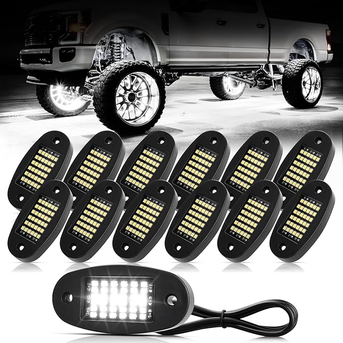 Hovano 12 Pods White Rock Lights 6000K Pure White 36 LEDs SMD Chips Super Bright Neon Underglow Light IP68 Waterproof for Pickup Trucks SUV UTV ATV RZR Car Boats (White)