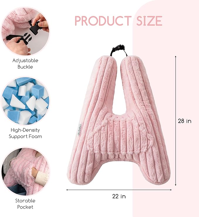 HIGOGOGO Washable Travel Pillow, Car Pillow for Kids & Adults, Upgraded Travel Pillows with Removable Soft Cover and High-Support Foam, Fix Neck and Body Sitting/Sleeping on The Trip, Pink