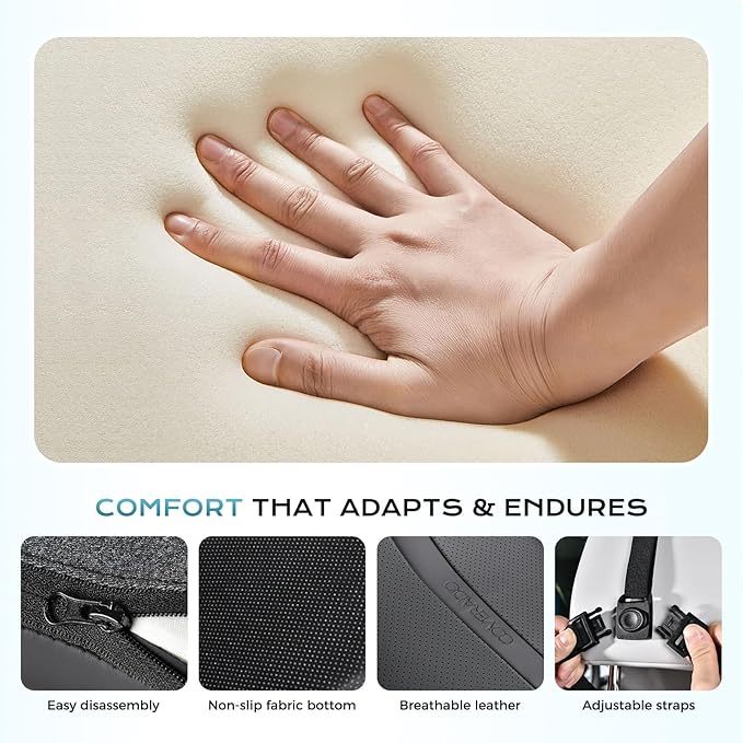 Coverado Lumbar Support and Headrest Pillow for Car, Integrated Design Ergonomic Memory Foam Head Neck Support Pillow for Driving Seat, Soft Leather Breathable Back Support, Back Pain Relief, Black