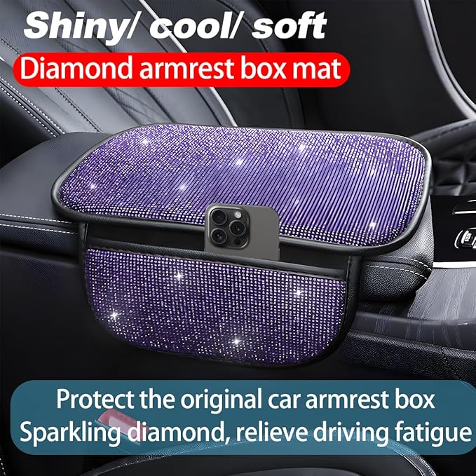 Bling Car Center Console Cover, Crystal Rhinestone Vehicle Armrest Cover Cushion with 2 Storage Bags for Women Girls, Diamond Auto Storage Box Protector Pad, Universal Fit (Purple)