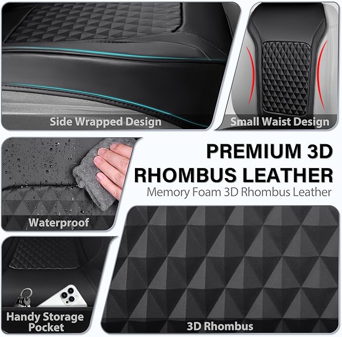 CAR PASS 2Pack Front Car Seat Covers Leather Memory Foam Water Proof Seat Protector Universal Fit for Cars SUVs Trucks Most Vehicles, 3D Foam Rhombus Sideless, Airbag Compatible Non-Slip, 2 Pcs Black
