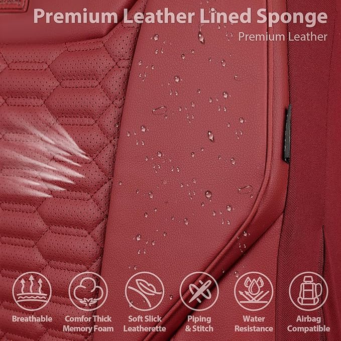 CAR PASS 3D Foam PU Leather Car Seat Covers Front Seats,Wine Faux Leather Front Seat Covers for Cars, Universal Fit for SUVs Trucks Vans Sedan Automotive, Armrest Airbag Compatible,Burgundy