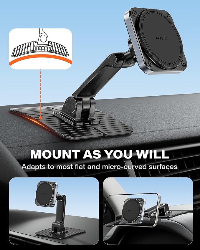 APPS2Car for Magsafe Car Mount, Magnetic Phone Holder for Car, 360° Adjustable Cell Phone Mount with Large Adhesive Base, Fits Flat & Curved Dashboards, Compatible with iPhone, Samsung, Smartphones