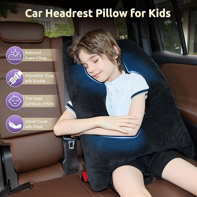 Car Pillow for Kids Travel Pillow with Adjustable Strap,Children Neck Pillow for Car Headrest to Support Head and Body Road Trip Essentials (Dark Black)