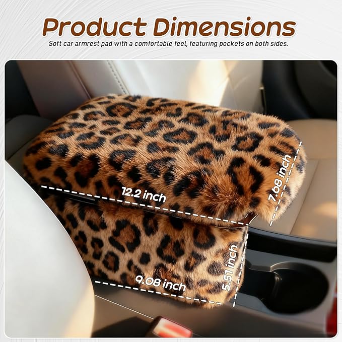 Fluffy Car Armrest Cover with Side Pockets – Plush Fuzzy Fur Center Console Armrest Cushion Pad, Universal Winter Car Interior Protector, Soft Arm Rest Cover with Storage for Women & Men (Leopard)