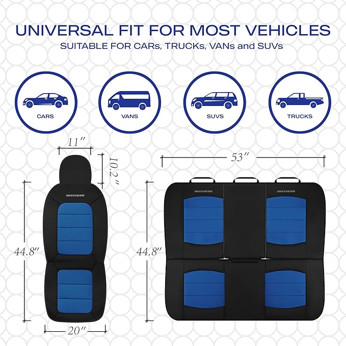 Skechers Memory FoamCar Seat Covers,Thick Cool Touch Fabric Seat Covers,Seat Cover Full Sets Airbag Compatible,Automotive Comfort Protection for Most Cars,Vans,Trucks,SUV,Blue