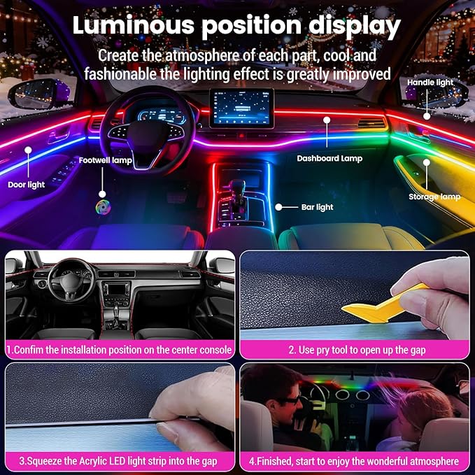 Dream Color Acrylic Interior Car Ambient Light Kit, Bphuny 30 in 1 593 LEDs Fiber Optic Multiple Modes Decoration Atmosphere Lights with Music Dynamic Rainbow Rhythm, RGB Neon Lights for All Cars