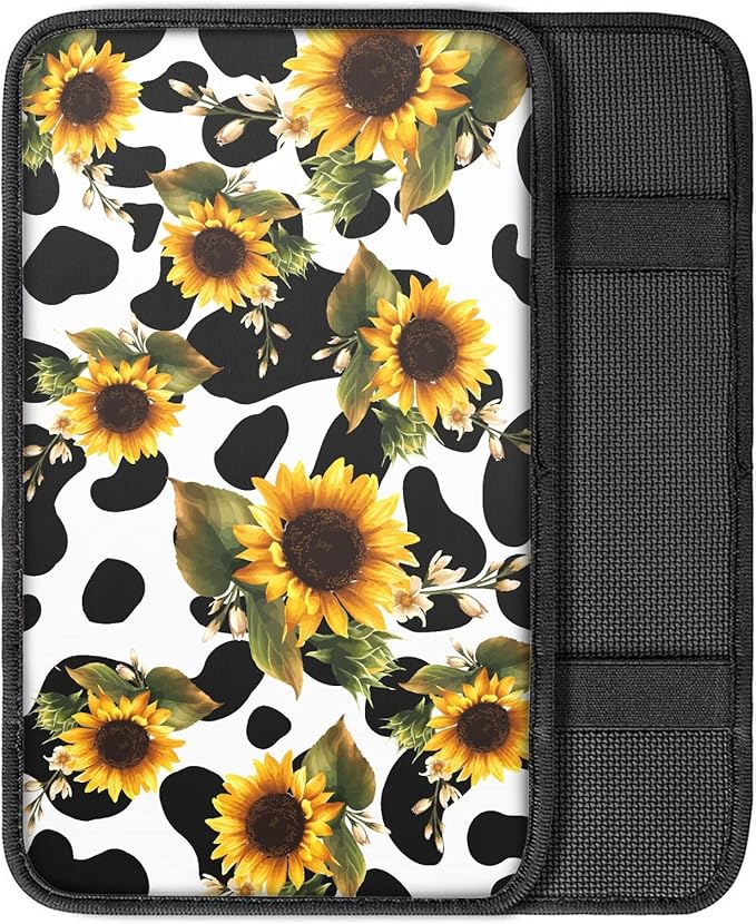 JEOCODY Sunflowers Cow Print Car Center Console Armrest Cover Car Interior Decorative Accessories Universal Fit for Sedan, Truck, SUV