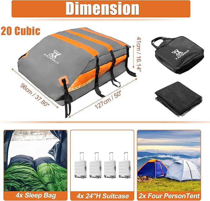 X AUTOHAUX 1000D PVC Waterproof Car Roof Bag Rooftop Cargo Carrier Bag Waterproof Luggage Carriers for Cars with or without Rack Anti-Slip Mat 6 Door Hooks Set - 20 Cubic Feet