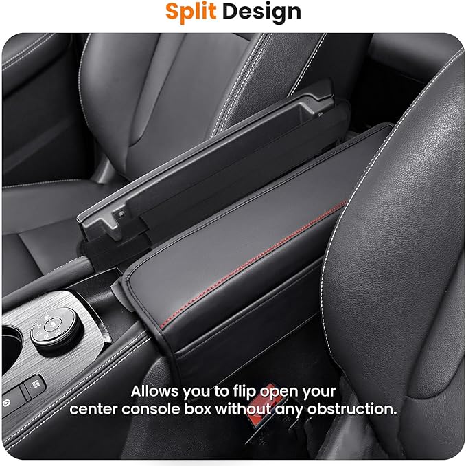 Center Console Armrest Cover for Nissan Rogue 2021-2026, Middle Console Pad Lid Cover Protector Elbow Arm Rest with Side Pockets, Rogue Interior Accessories, PU Leather (Red Stitches)