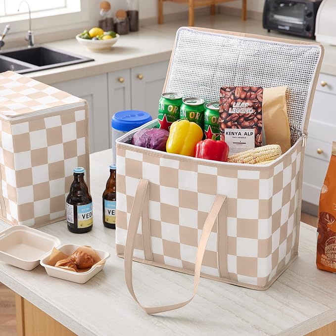 Checkered Insulated Grocery Bags 2 Pack, Checkerboard Cooler Shopping Bags for Groceries, Insulated Bags for Food Delivery