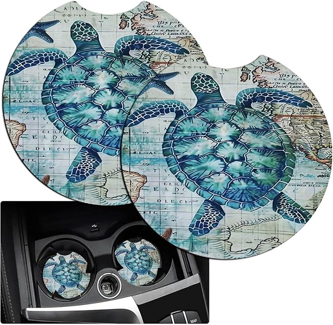 Car Armrest Cover Pads Universal Fashion Cute Auto Center Console Armrest Cover Pad with 2PCS Car Coasters Soft Waterproof Car Armrest Seat Protector for Women, Sea Turtle Starfish