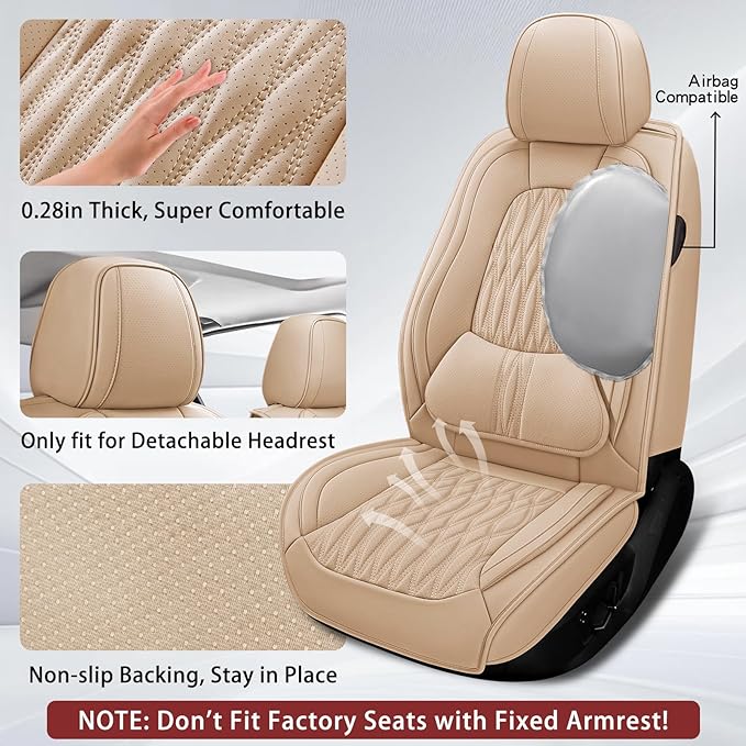 WELLDO Car Seat Covers Full Set, Leather Seat Covers for Car, Waterproof Car Seat Protector with Lumbar Support, Automotive Seat Covers Universal Fit for Most Cars SUV Truck, Beige-White