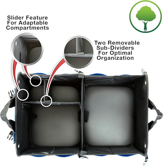 TRUNKCRATEPRO Save 15 per cent off bundle of 2 collapsible portable multi compartments trunk organizer (1 XL organizer and 1 regular blue organizer)