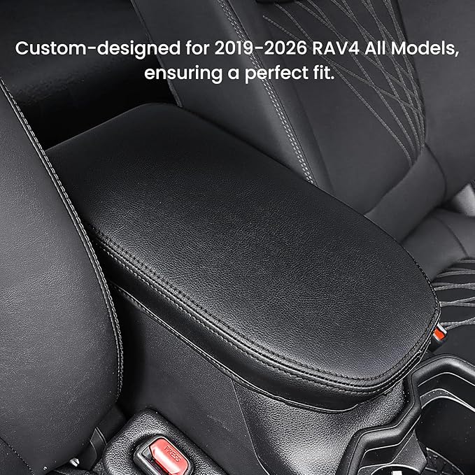 Center Console Cover for Toyota RAV4 2019-2025, Upgraded PU Leather Armrest Cover for RAV4 Adventure/Hybrid/XLE/LE/Limited/TRD Off-Road/Premium/XLE Premium (Black Stitching)