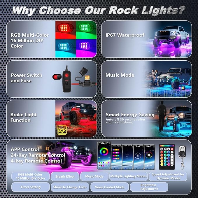 4Pods RGB LED Rock Lights for UTV SXS RZR Can-Am Four Wheeler Side by Side ATV Offroad Golf Cart, Multicolor Underglow Light Kit with APP/RF Remote Music Sync Neon Vehicle Accent Light 12V Waterproof