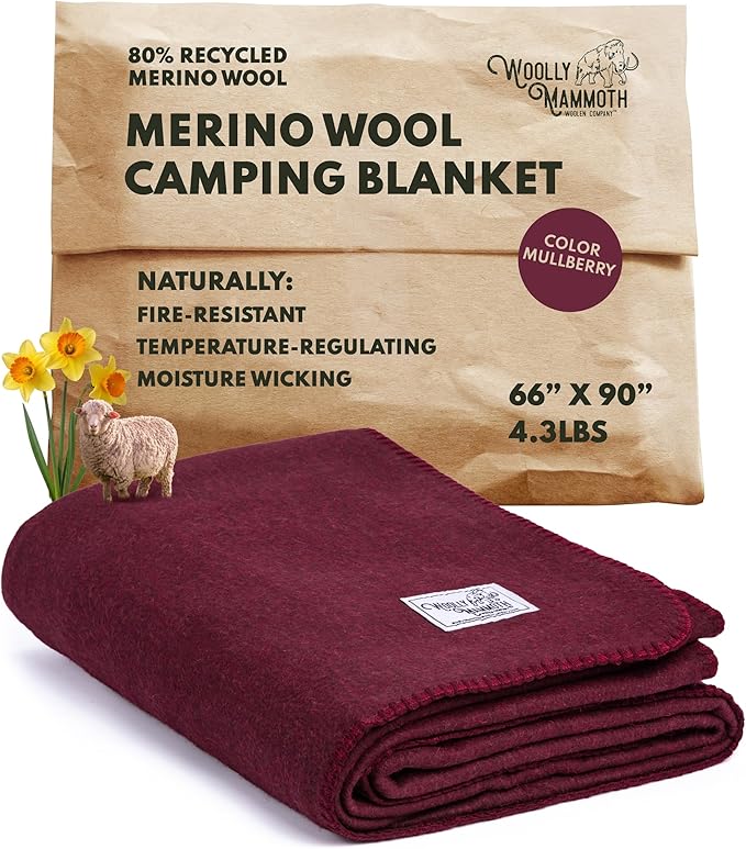 Woolly Mammoth Woolen Company Merino Wool Blanket - Temperature-regulating and Mositure-Wicking - 80% Wool Blanket - for Outdoor Camping, Backpacking and Hunting (66" x 90" Mulberry)