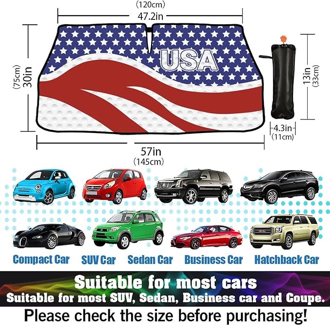 Socira American USA Flag Car Windshield Sunshade Umbrella Foldable Umbrella Sun Shade Windshield Cover Patriot Sunshade Car Accessories Blocks Uv Rays Keeps Cool (57" X 30")