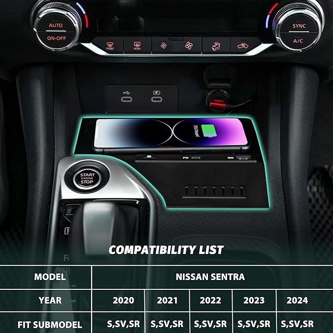 KEWISAUTO Car Wireless Charger for Nissan Sentra S, SV, SR 2020-2024, Center Console Charging Panel QC PD Fast Phone Charger Pad for 2020 2021 2022 2023 2024 Nissan Sentra S, SV, SR Accessories