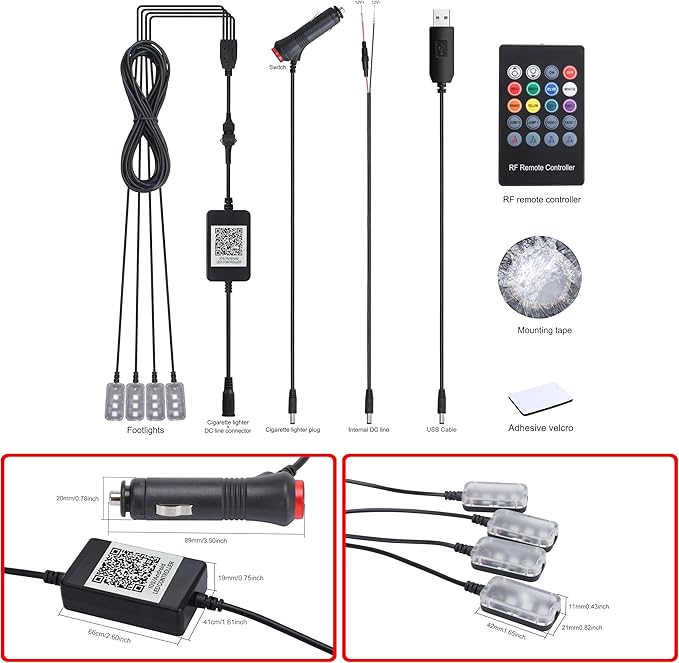 Car Interior Ambient Lighting RGB 64 Colors Multicoloured Music Car Footwell Lighting Kit with Cigarette Lighter and App Microphone, 12V-24V