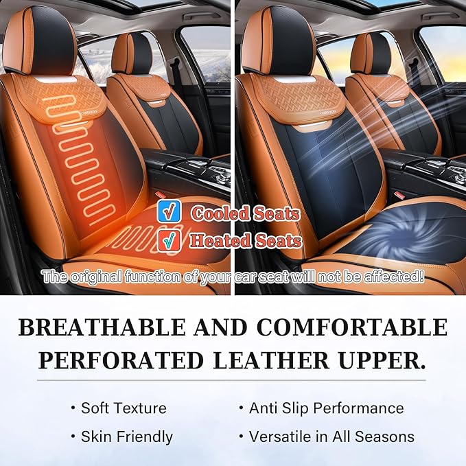 Coverado Seat Covers, Front Car Seat Cover, 2 Pack Breathable Nappa Leather Seat Cover, Waterproof Car Seat Protector, Car Seat Cushion, Universal Auto Seat Covers Fit for Most Cars (Brown&Black)