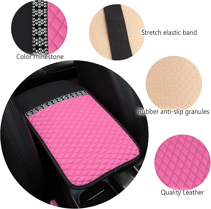 Bling Leather Car Armrest Box Cover,Car Center Console Protector with Colorful Crystal Rhinestones,Anti-Scratch Waterproof Car Armrest Seat Pad for Most Car,SUVs,Trucks (Pink)