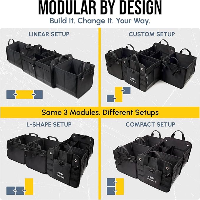 Trunk Organizer 5-Section Modular XL Car Storage System – Extra Large Cargo Organizer for Car Trunk, Foldable Multi-Compartment Auto Organizer, Heavy Duty Oxford 1680D – Black