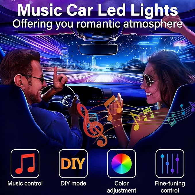 Car Led Lights Interior, Interior Car Lights with with Cigarette Lighter Adapter, 12V LED Strip Light with Smart APP Remote Control, Sync Music, Color Change Cars Light for Inside, Cars Accessories