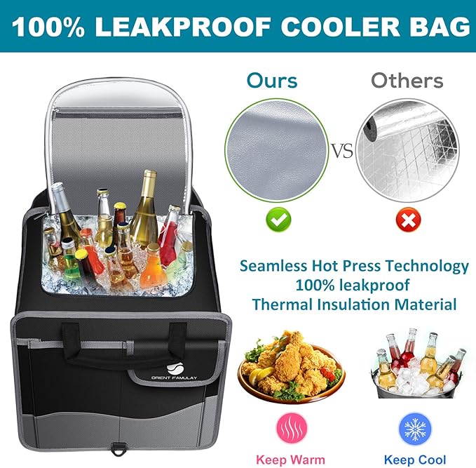 Trunk Organizer with Cooler, Collapsible Trunk Storage Container with Non Slip Bottom Strips, Large Multi-Compartment Waterproof Car Trunk Organizer Groceries for Vehicle Sedan, Suv, Truck,Van(Black)