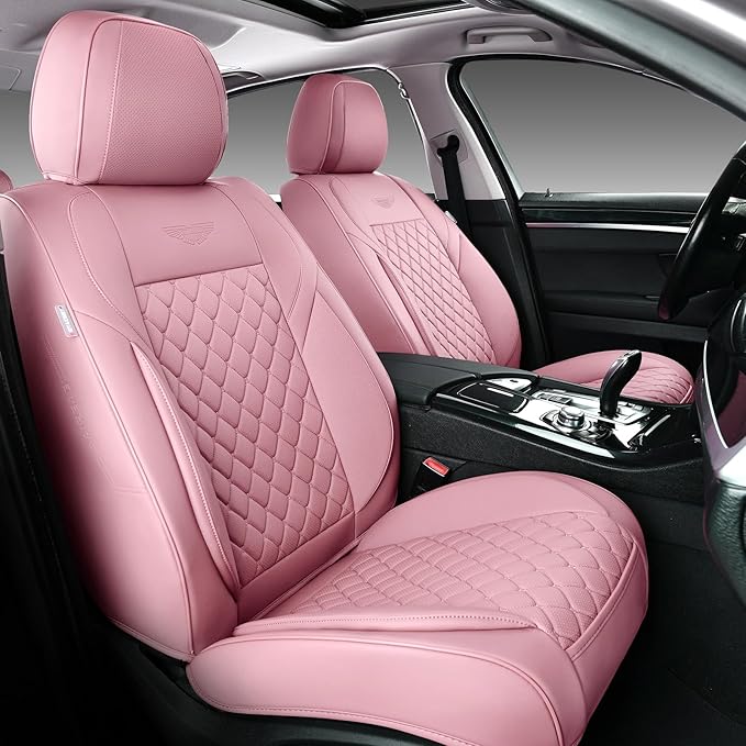 Auto Car Seat Covers Full Set Leather Cushion Protector Breathable Waterproof Seat Cover for Cars Universal Fit (Pink, Full Set Without Headrest)