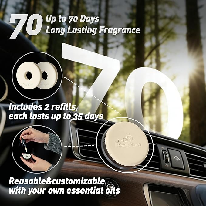 Leather & Metal Car Air Freshener, 2-Way Vent & Hang Design, Refillable Long Lasting Diffuser with 2 Refills, Natural Amber Vanilla Scent, Stylish Auto Accessory for Cars & SUV