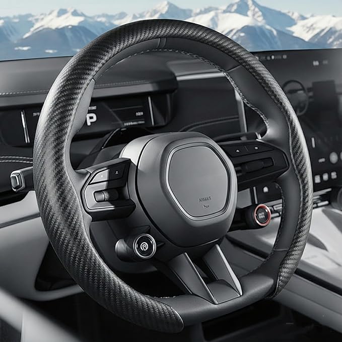 Carbon Fiber Steering Wheel Cover, Universal 15 Inch Snap On Car Steering Wheel Cover for Men/Women, Comfortable & Breathable Microfiber Car Accessories Interior (Black)