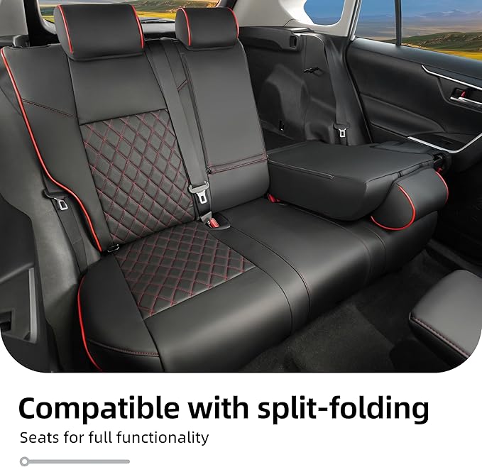 Lolcar Rav4 Seat Covers Custom Fit for Toyota Rav4 (for Hybrid) 2019-2025 LE,XLE,XLE Premium,Limited,Woodland Edition, Leather Truck Seat Cover Full Set for SUV,Faux Leather（Black with Red Trim）