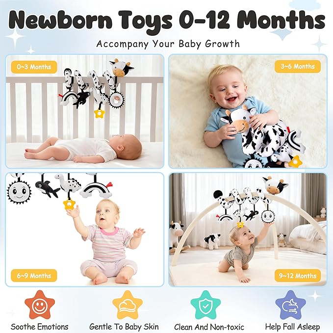 Spiral Car Seat Baby Toys 0-6 Months, Infant Carseat High Contrast Sensory Toys Hanging Stroller Accessories, Newborn Shower Gifts for Baby Boys Essentials Stuff, Cute Black and White Cow