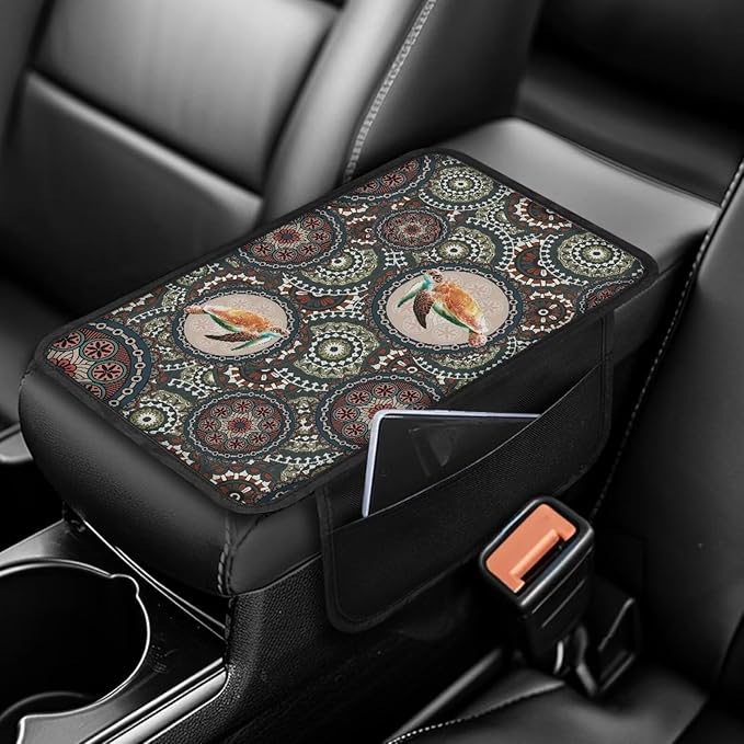 Boho Mandala and Turtle Print Car Armrest Cover Breathable Auto Center Console Pad with 2 Storage Bags Anti-Slip Car Armrest Cover Cushion Universal Fit for Sedan Truck SUV