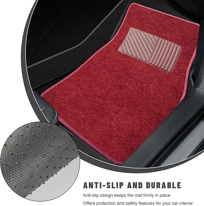 Sun Walker 4 PCS Car Floor Mats, Waterproof Anti-Slip Front & Rear Car Carpets with Driver Heel Pad, All Weather Floor Protective Pads Universal for SUVs Trucks Sedans Vans (Wine Red)