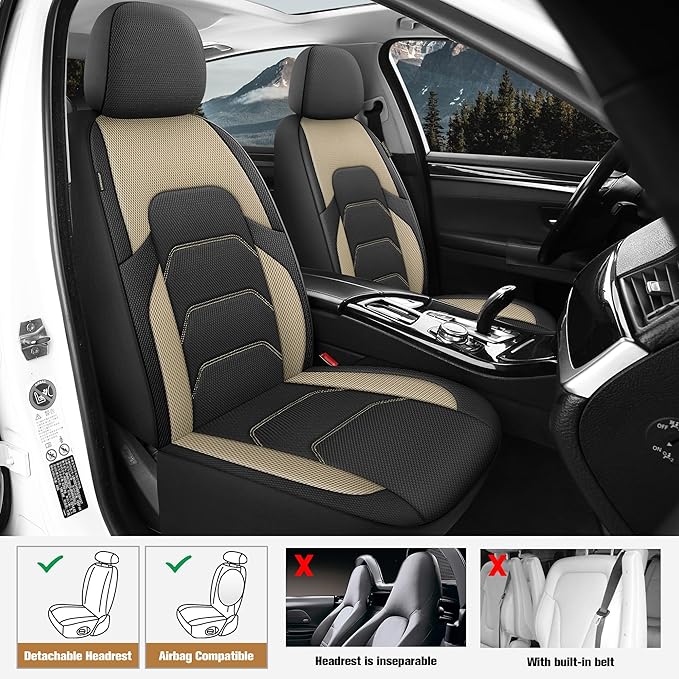 CAROMOP 3D Air Mesh Car Seat Covers 2 Front Seats,Breathable and Durable Seat Covers for Cars,Universal Fit for SUV,Vans,sedans, Trucks, Automotive Interior Covers(Black/Beige)