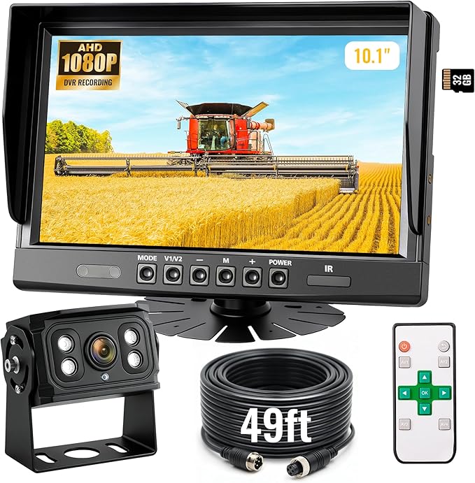 10.1" 1080P Wired Backup Camera System, DVR Rear View Camera, IP69 Waterproof IR Night Vision, 20G Vibration-Proof for Trailer/Tractor/Truck/Combine/Caravan/Skid Steer/Heavy Equipment/UTV, Y5