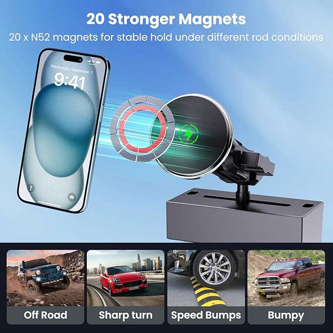 Upgraded Wireless Charger with Phone Mount for 2019+ Ram Truck, Dash Magnetic Mount Cell Phone Holder Compatible with 2019+ Dodge RAM 1500/2500/3500 & TRX, 360° Rotation Stand Fit for All Phones