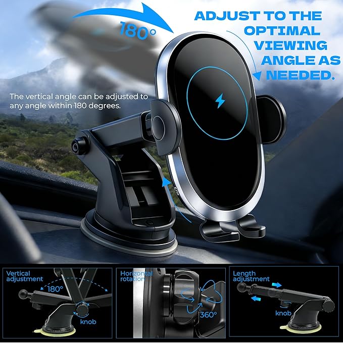 Wireless Car Charger Phone Holder Mount 15W Fast Charging, Auto Clamping with Smart Sensor, Dashboard & Windshield Car Phone Holder for iPhone for Google Samsung Android