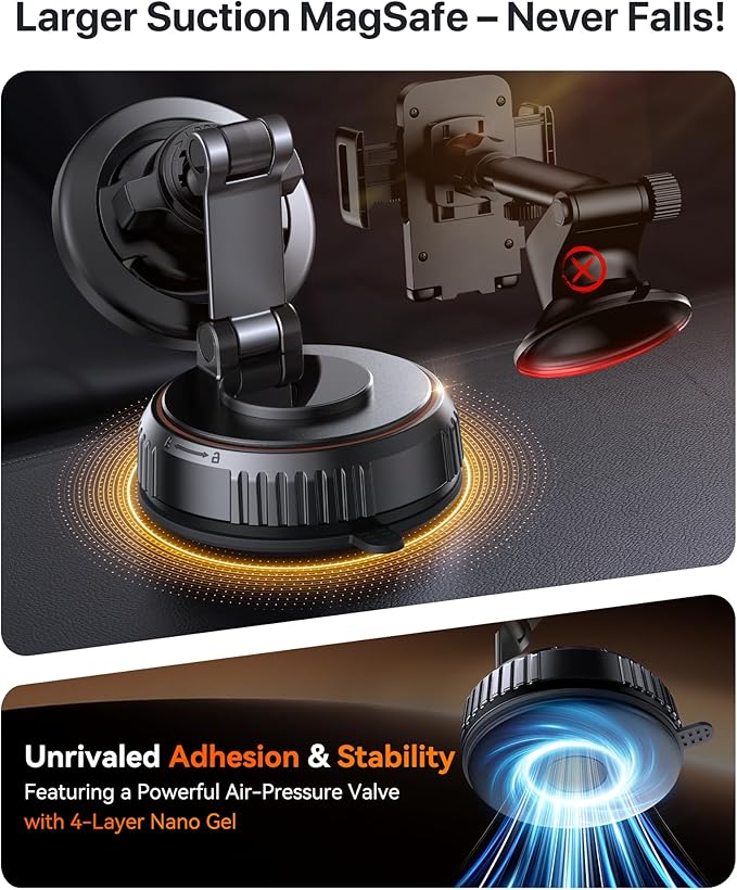 Miracase for MagSafe Car Mount[3600gf Strong Magnet & 89+LBS Suction Base]Vacuum Magnetic Phone Holders for Your Car, 360° Adjustable Dashboard & Windshield Mount with Dash Accents for All Smartphones