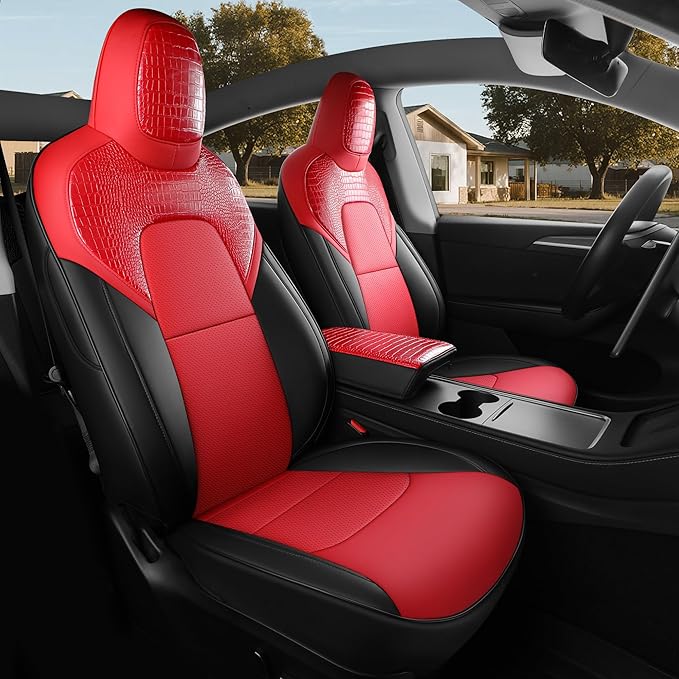 for Tesla Model Y Seat Cover 2020 2021 2022 2023 2024 (5-Seater Only) Customized Fit Car Seat Cover Interior Protectors (Crocodile Skin Red+Black)