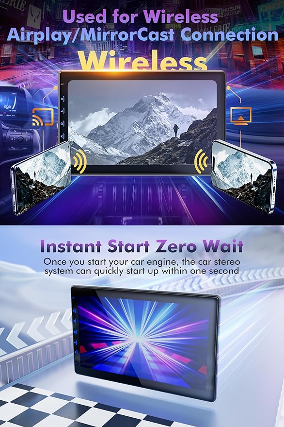 10 Inch IPS Touch Screen Double Din Car Stereo Compatible with Wireless Carplay, Android Auto, Mirrorlink - Car Radio Audio Stereo Receiver with Bluetooth, FM, 720P Backup Camera