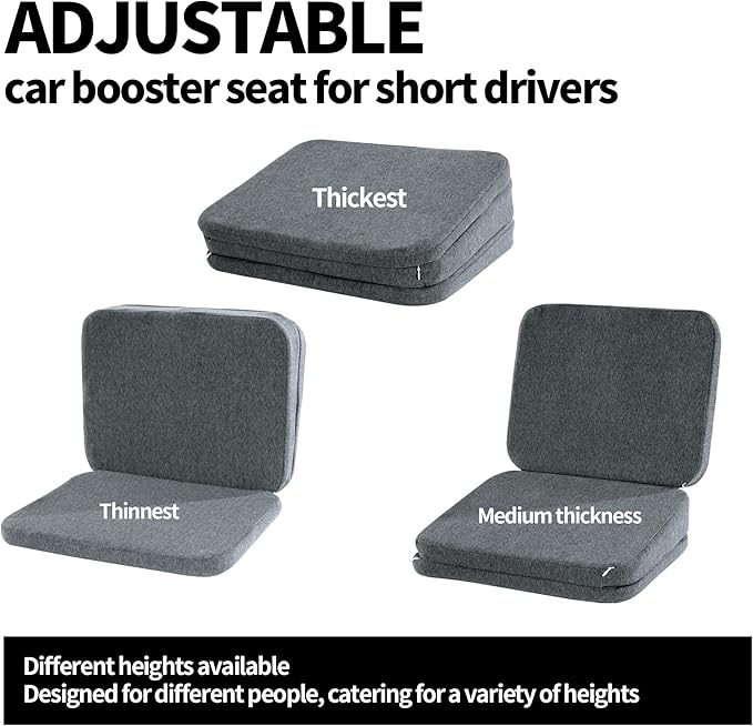 HOMBYS Adjustable Car Booster Seat for Short Drivers, 3 Heights for Different People, Adult Car Seat Cushions for Driving, Supportive Car Seat Pad for Lower Back Pain Reduce, (17"x13.8"x6.3", Grey)