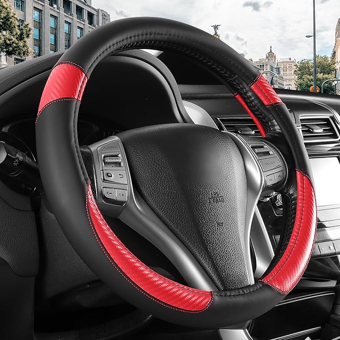 Non-Slip Car Nappa Leather Steering Wheel Cover,Universal Car Accessories Women Men Fit 14" 1/2-15" Suvs/Vans/Sedans/Cars/Trucks,Red