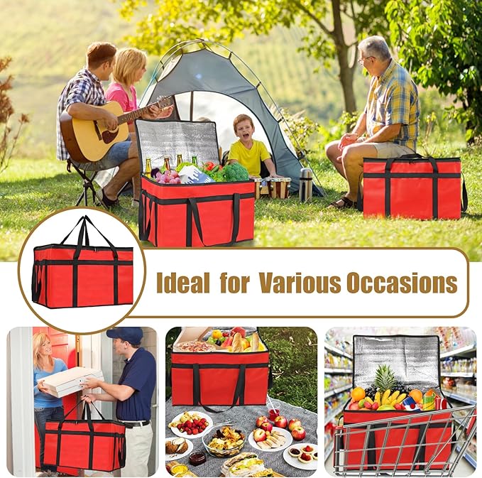 PEASUG 2Pcs Insulated Bags for Food Delivery, XXXL Pizza Delivery Bags, Large Capacity Cooler Bag Keep Food Warm for Grocery Shopping and Catering, Foldable, Heavy-Duty (Red)