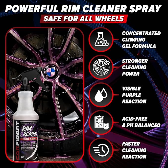 Carfidant Rim Reactor - Wheel Cleaner Spray - Thick Gel Formula, Dilutable 4:1 - Removes Brake Dust, Grime & Dirt - pH Neutral, Non Acid – Safe for Chrome, Black, Painted & Alloy Rims - 32 fl oz