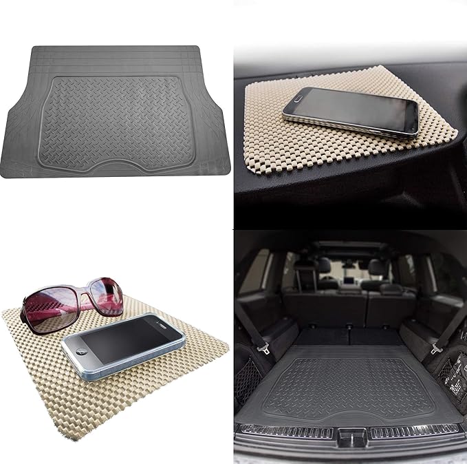 TLH Premium Trimmable Gray Cargo Mat Car Trunk Liner Universal Fit Set w/Beige Dash Pad, Trimmable Automotive Floor Mats, Climaproof™ Floor Mats for Most Sedan, Cars, SUV, Truck Floor Mats.