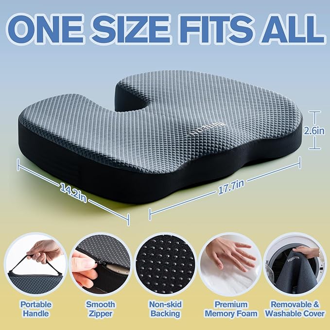 Mureon Seat Cushion for Office Chairs, Large Memory Foam Cushion for Car, Pressure Relief Ergonomic Chair Cushion with Non-Slip Cover for Soft Support for Hip All Day Comfort - Navy